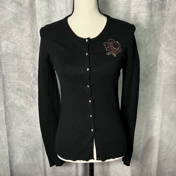 Vintage Sun Moon Star Black Lace Back Button Down Cardigan Sweater - SMALL - Picture 1 of 11